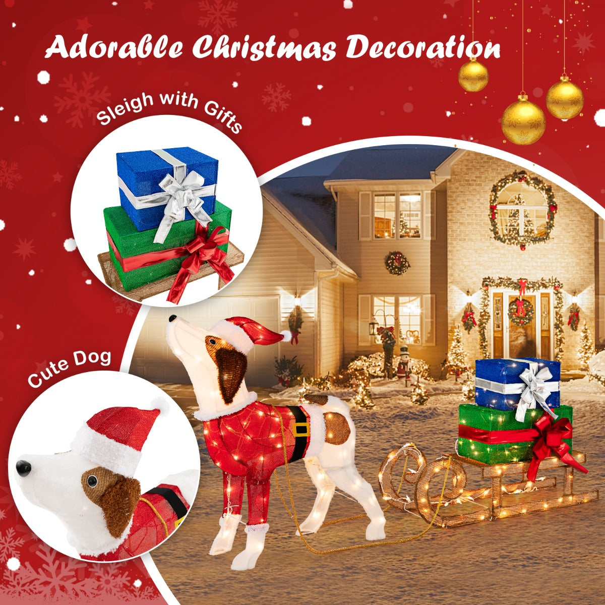 Costway 170 Warm Bright Lights Outdoor Pre-lit Xmas Dog and Sleigh and Gift Boxes Combo