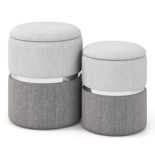 Linen Fabric Storage Ottoman Set of 2 Round Ottoman with Storage-Grey