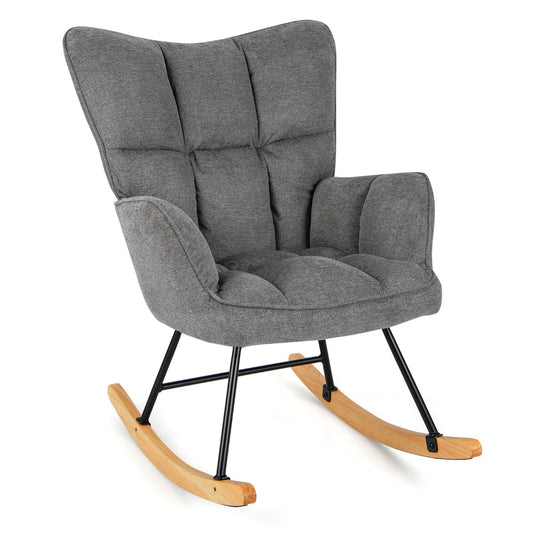 Costway Linen Nursery Rocking Chair with High Backrest and Padded Armrests-Grey