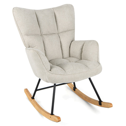 Costway Linen Nursery Rocking Armchair Accent Chair with High Backrest-Light Grey