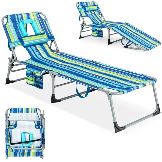 Costway Folding Beach Lounge Chair with Pillow for Outdoor-Blue & Green