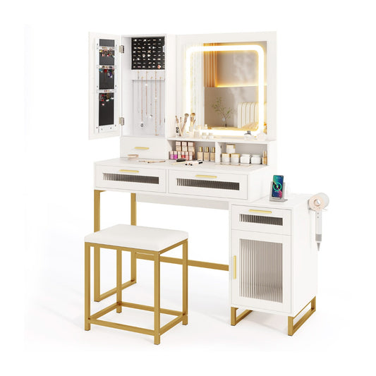 Makeup Vanity Desk with Lighted Mirror with Charging Station and 3-Color LED Lights-White
