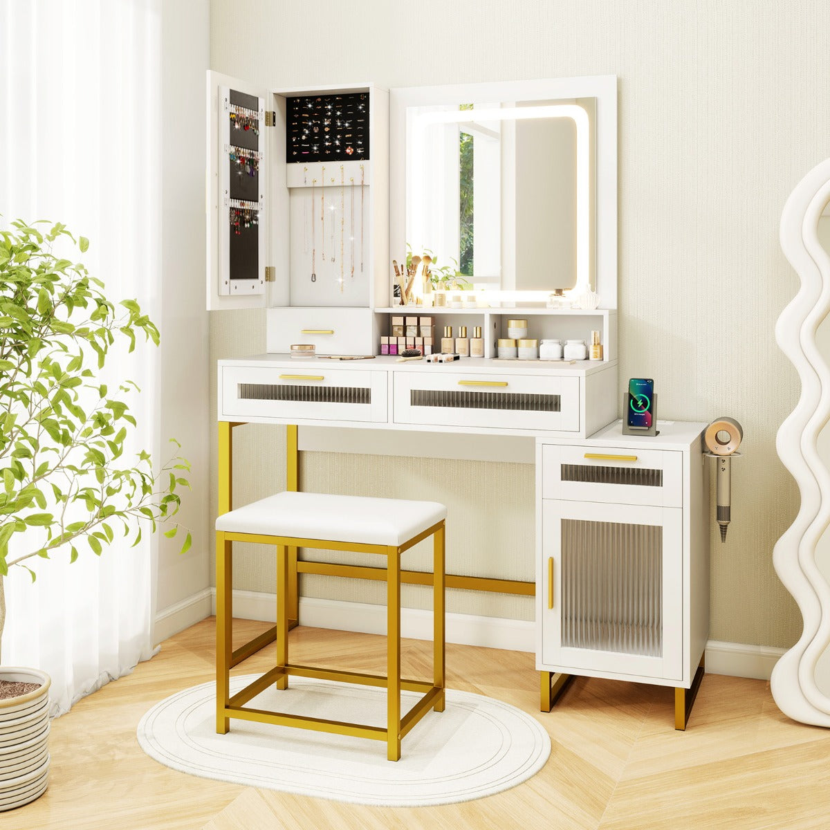 Makeup Vanity Desk with Lighted Mirror with Charging Station and 3-Color LED Lights-White