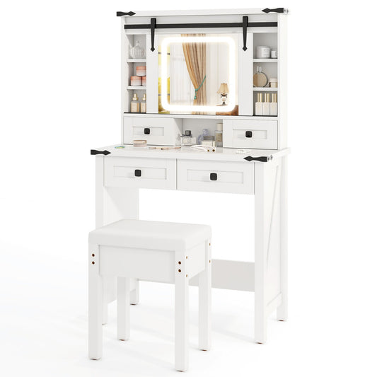 Makeup Vanity Desk with Sliding Mirror and 3-Color LED Lights-White