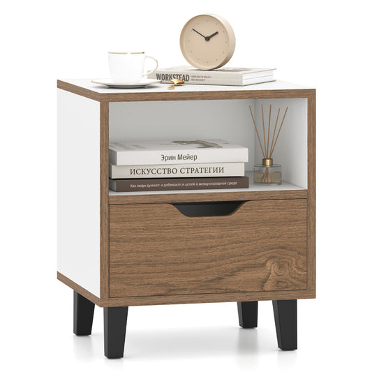 Mid Century Modern Nightstand with Drawer and Open storage Shelf-White-1 Pack