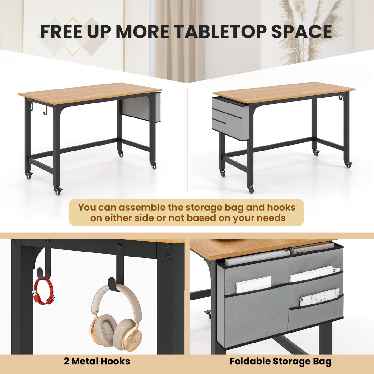 Costway Mobile Computer Desk 120cm Home Office Desk with Storage Bag-Natural