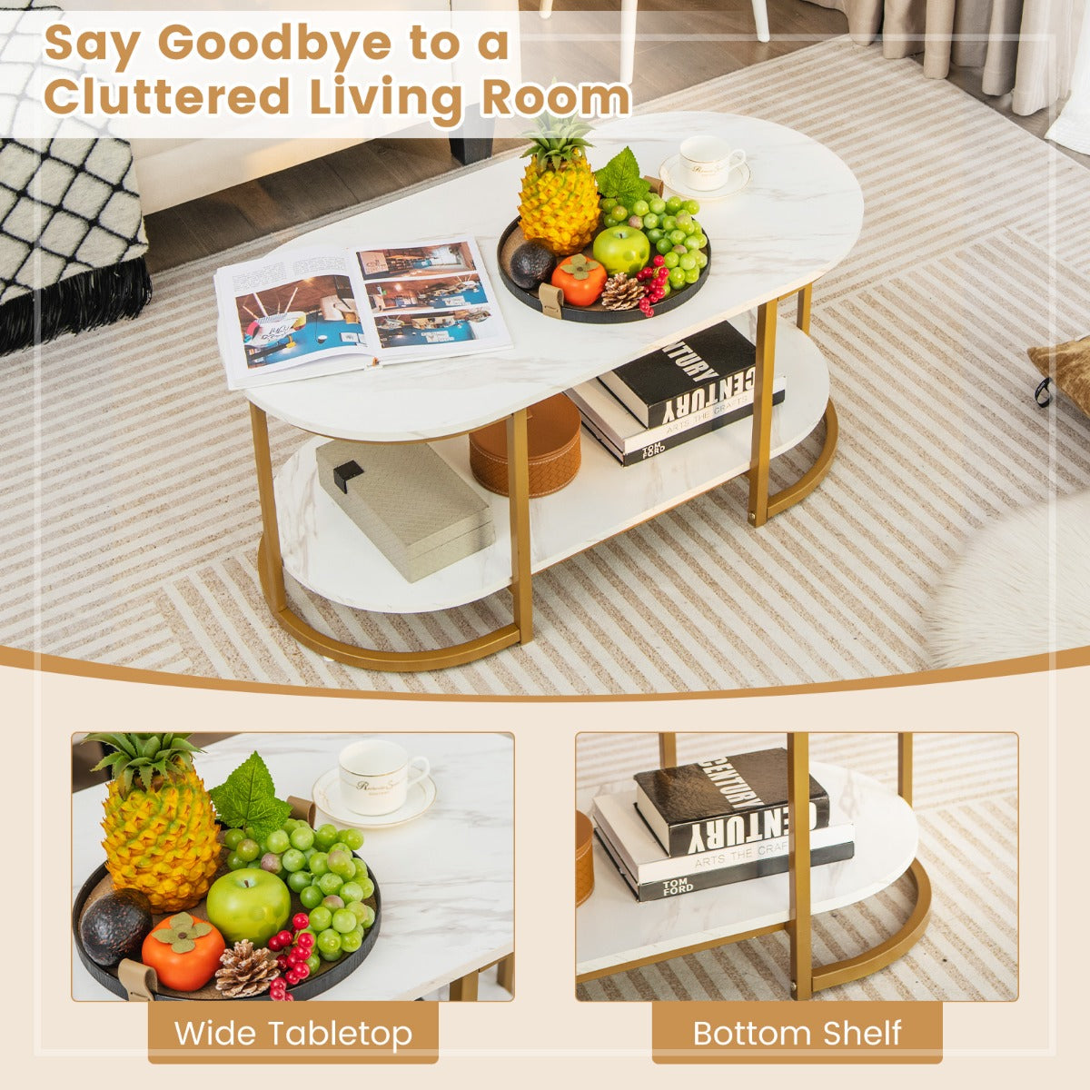 Elegant two-tier accent table provides stylish storage without overwhelming compact interiors