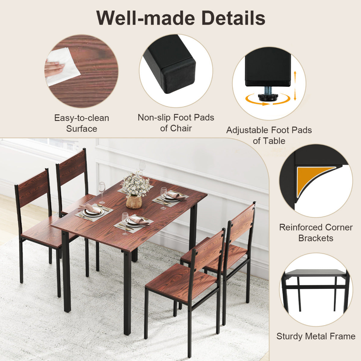Modern 5-Piece Kitchen Table and Chairs Set with Backrest and Metal Frame-Brown