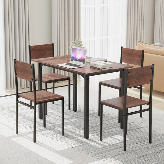 Modern 5-Piece Kitchen Table and Chairs Set with Backrest and Metal Frame-Brown