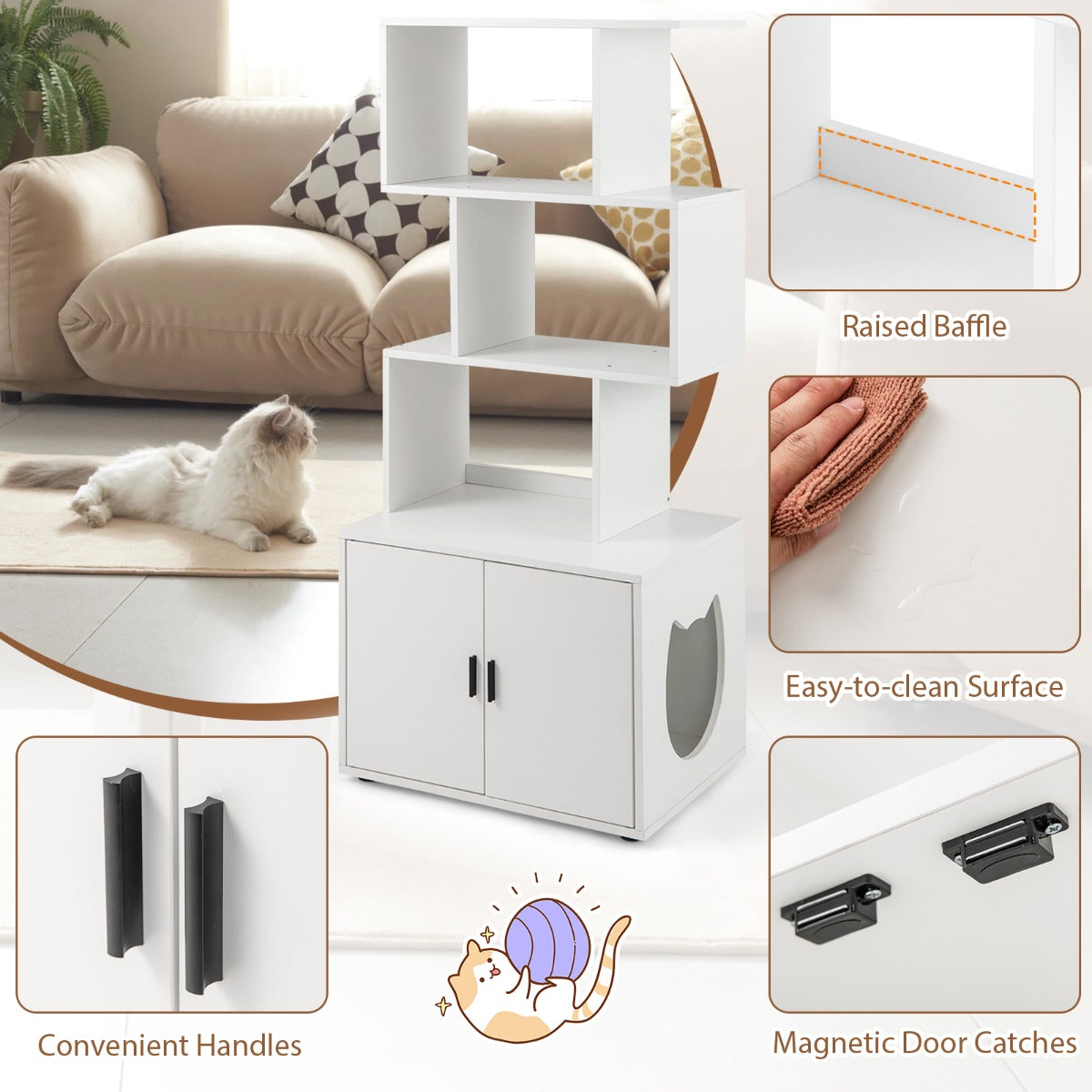 Modern Cat Litter Box Enclosure with Storage Corner Bookshelf-White