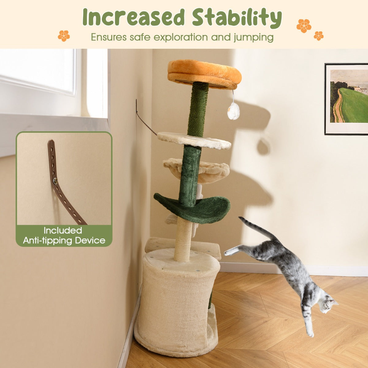 Modern Cute Flower Cat Tree for Indoor Kitty Tower with Plush Top Perch-Green