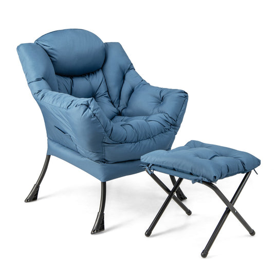 Modern Lazy Chair with Ottoman & Pillow & Armrests & Side Pocket-Blue