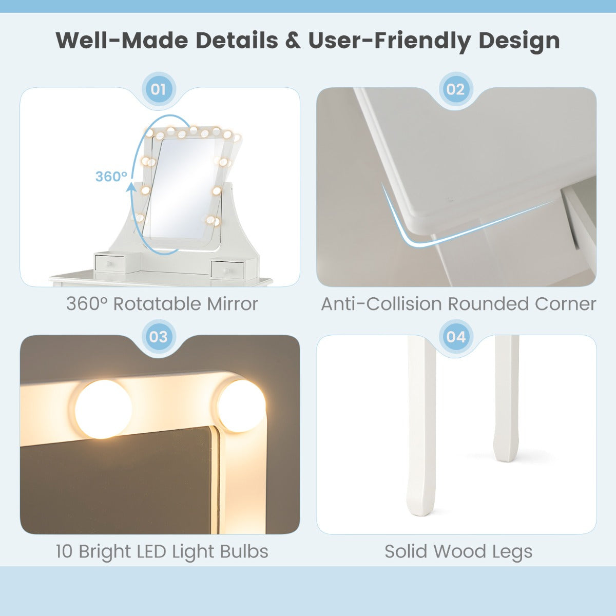 Modern Makeup Table with 10 LED Dimmable Bulbs for Women