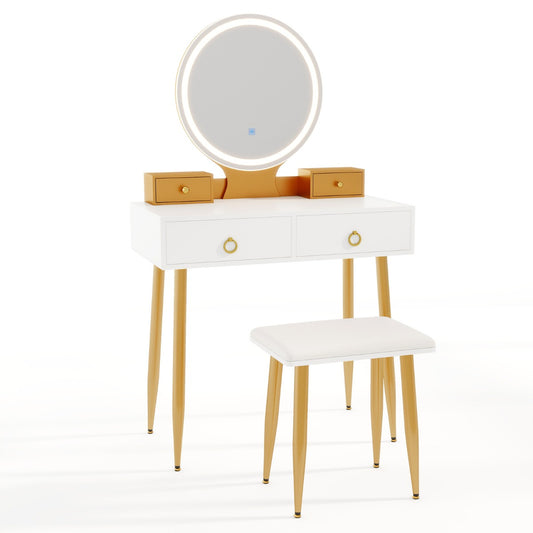 Modern Makeup Vanity Desk Dressing Table with 3-Color Lighted Mirror-White