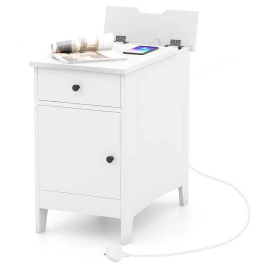 Costway Narrow Nightstand with USB Ports and Outlets-White