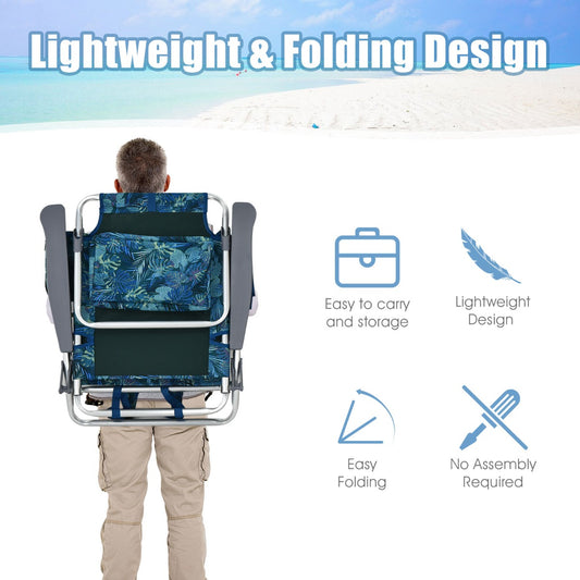 Costway 2-Pack Folding Backpack 5-Position Beach Chair with Pillow for Outdoor Blue