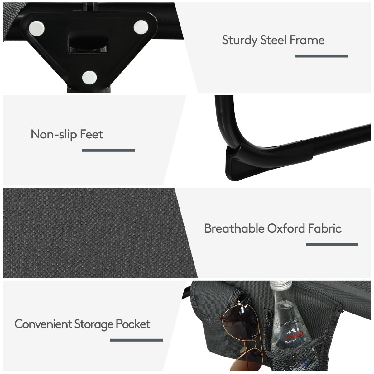 Foldable outdoor lounger includes a side storage pocket for phones, keys, books, and small essentials