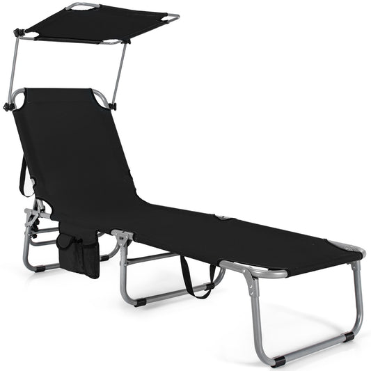 Costway Foldable Sun Shading Lounge Chair with Side Storage Pocket for Garden Black