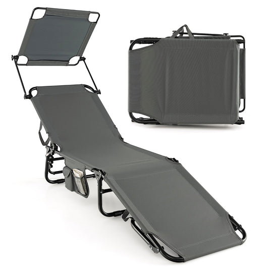 Costway Foldable Sun Shading Lounge Chair with Side Storage Pocket for Garden-Grey