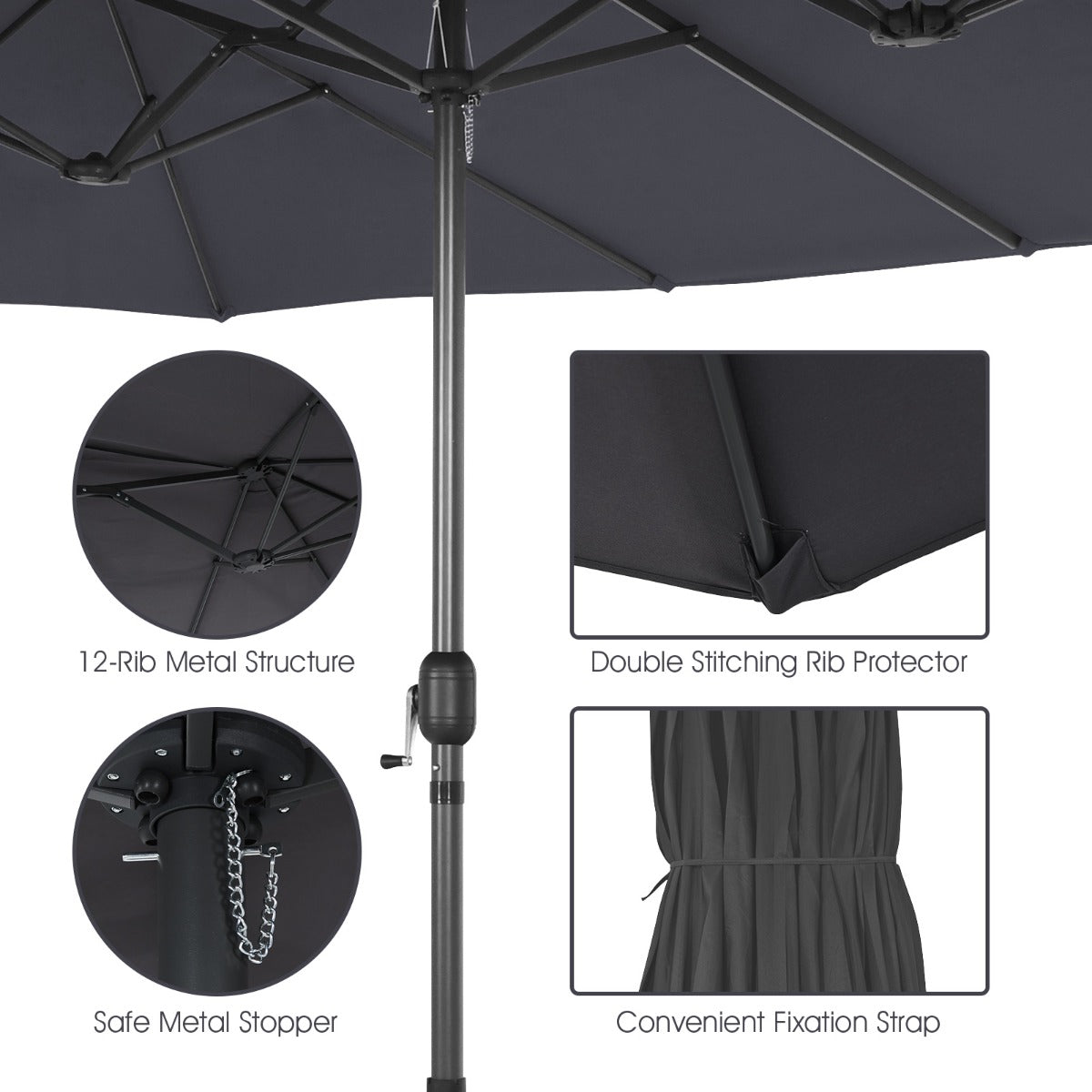 Double-Sided Patio Umbrella with Hand-Crank System and Enhanced Base for Residential and Commercial Use -Dark Grey