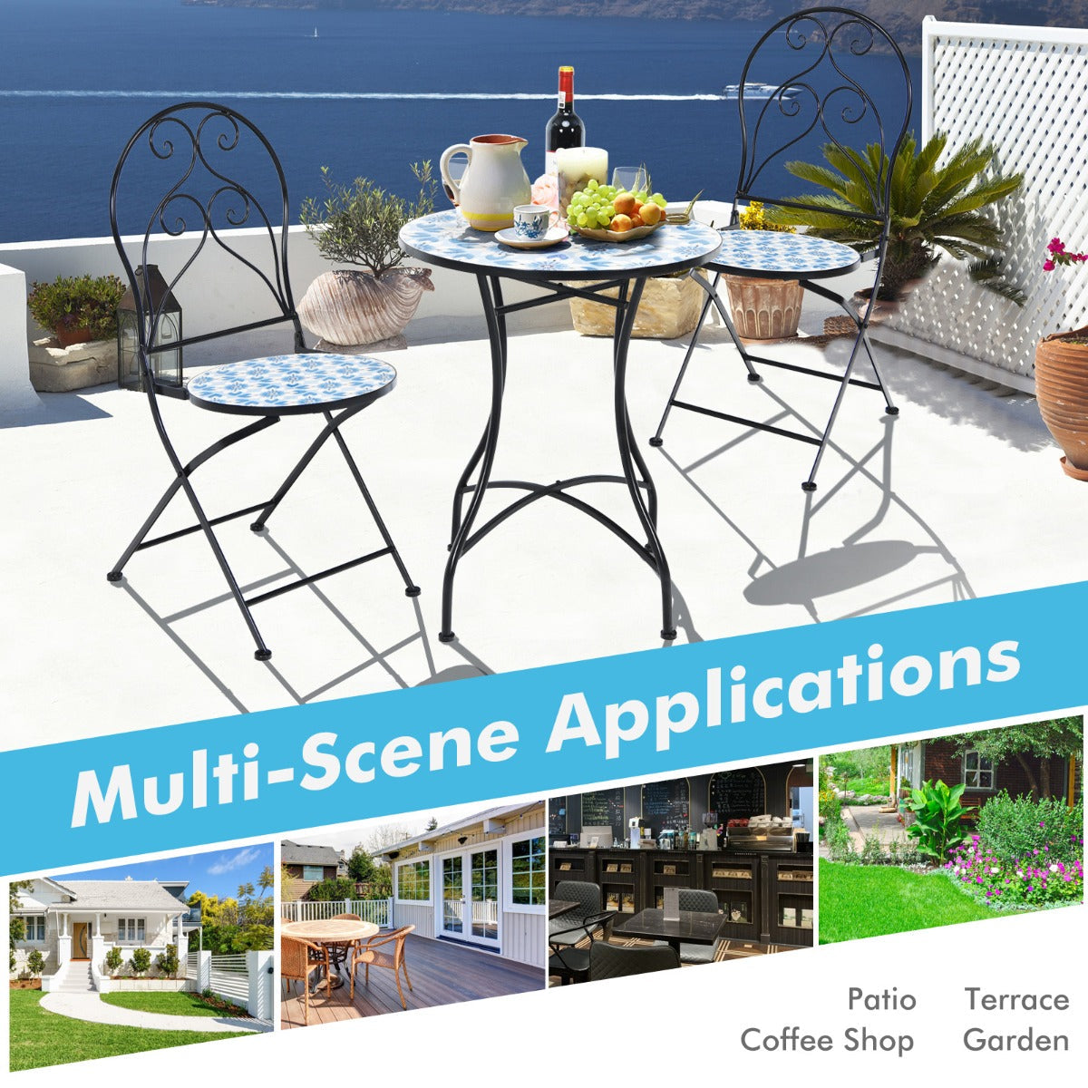 Floral mosaic patio furniture creates an elegant outdoor seating area for relaxing with family or friends