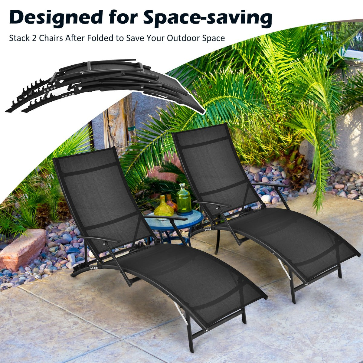 Mostly pre-assembled folding lounge chair set saves installation time and provides convenient seasonal storage