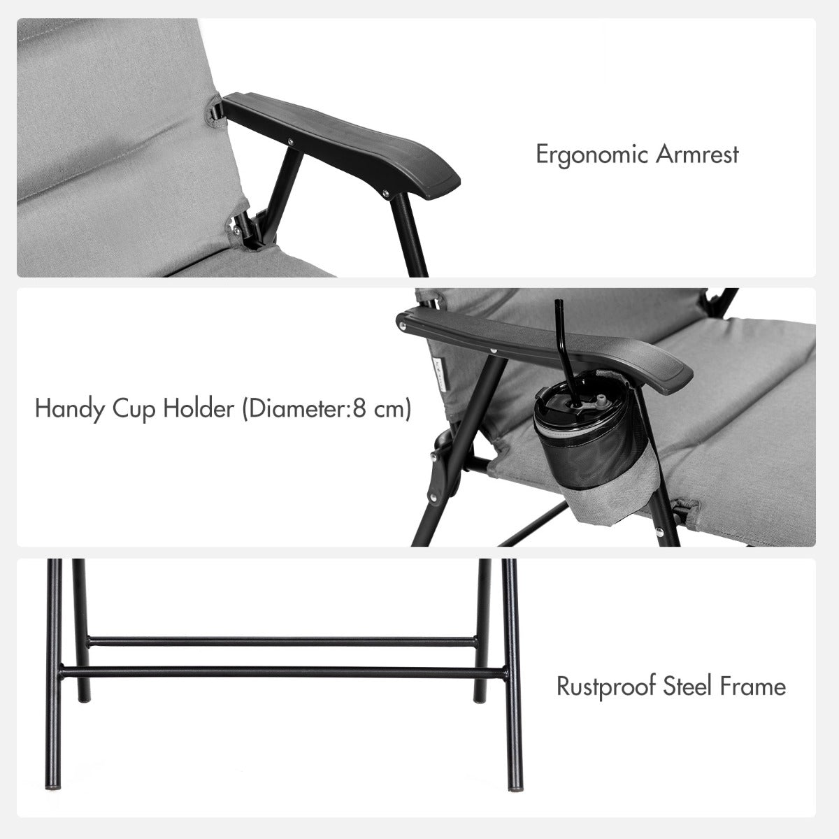 Rustproof powder-coated frame helps the folding armchair withstand regular outdoor use