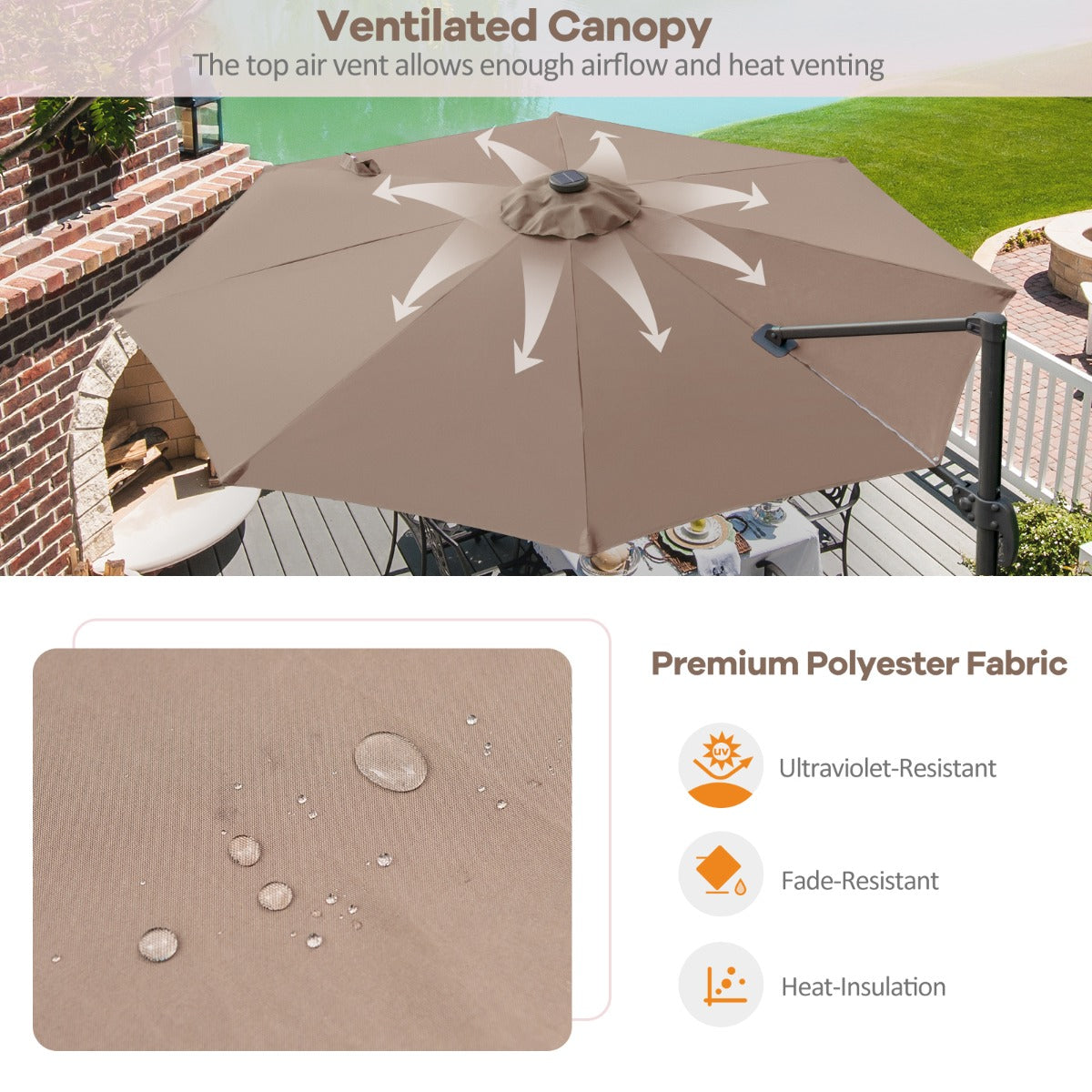 Costway 3m Patio Umbrella with 28 LED Lights for Beach and Poolside-Coffee