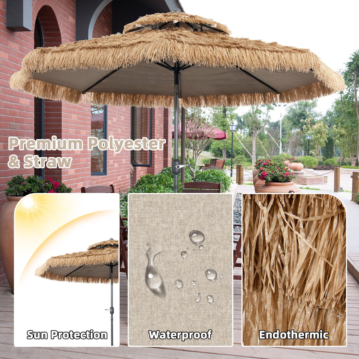 Outdoor tiki umbrella requires a compatible stand, which is not included with the package