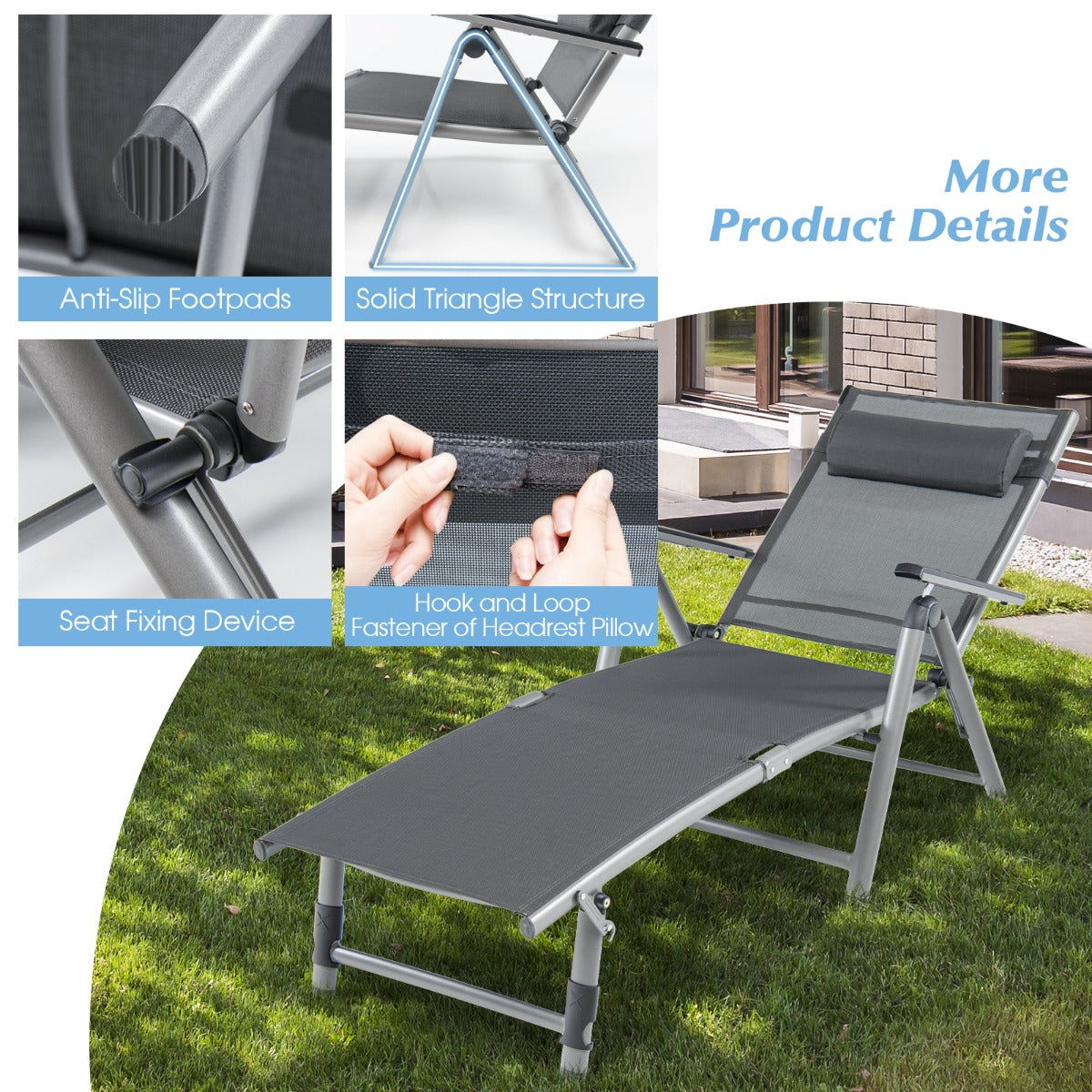 Outdoor Aluminum Chaise Lounge Chair with 8 Back and 2 Leg Adjustable Positions