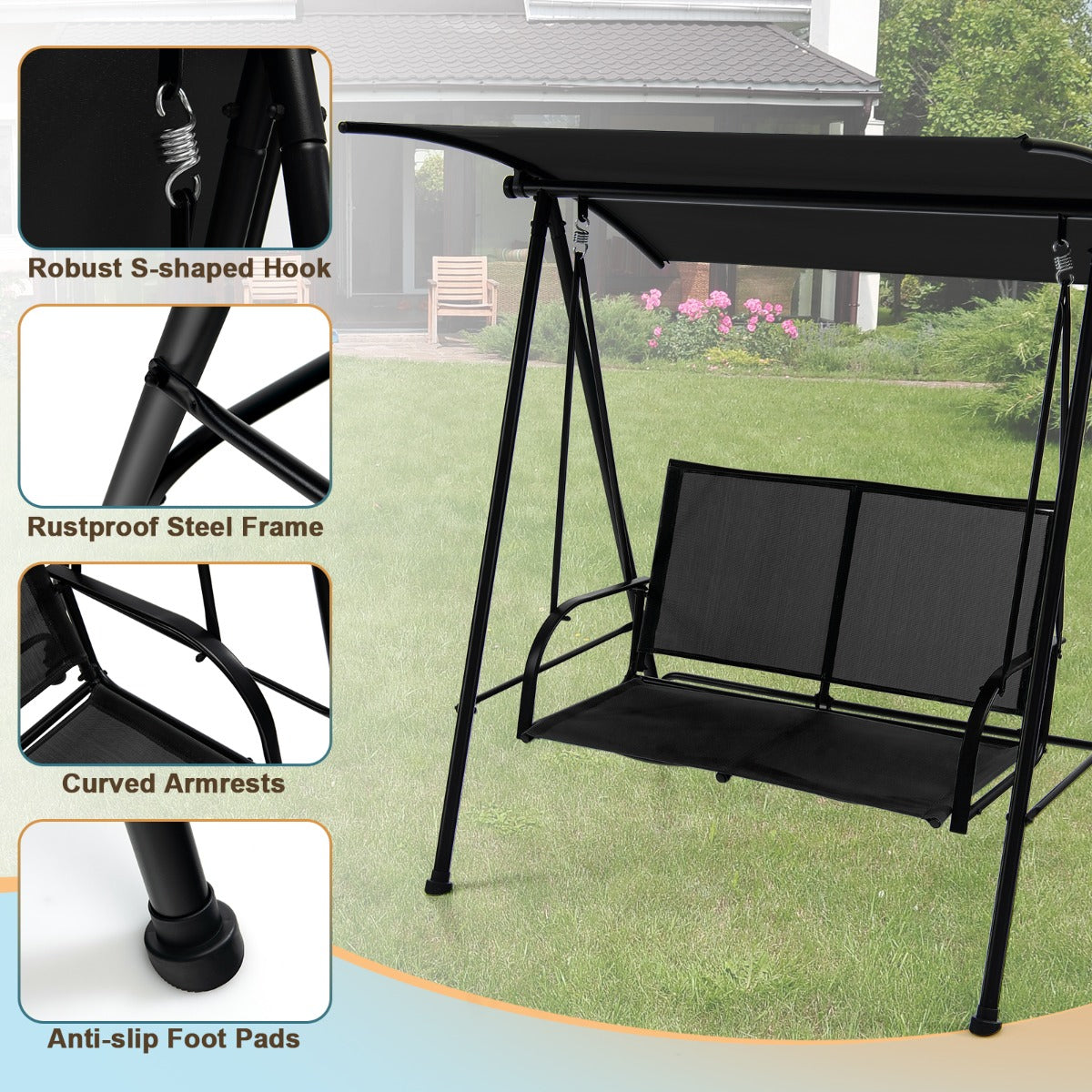 2-seat Outdoor Swing with Adjustable Canopy for Patio/Garden-Black