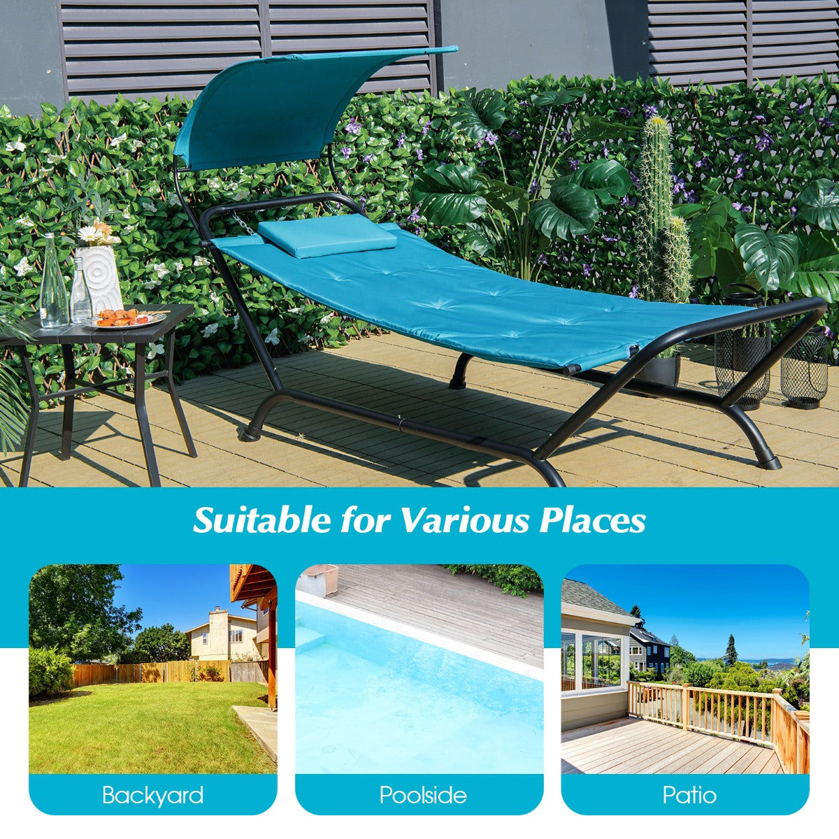 Easy-assembly patio hammock with full-length padded bed and supportive head pillow