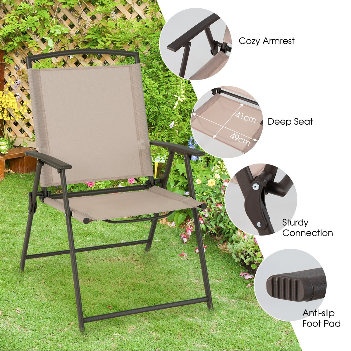 Set of 2 Patio Folding Chairs with Armrests and Rustproof Steel Frame-Beige