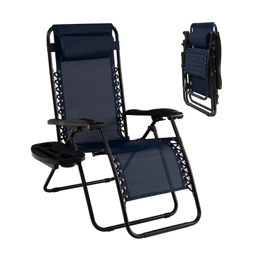 Patio Zero Gravity Lounge Chair with Cup Holder & Removable Pillow-Navy-2 pieces