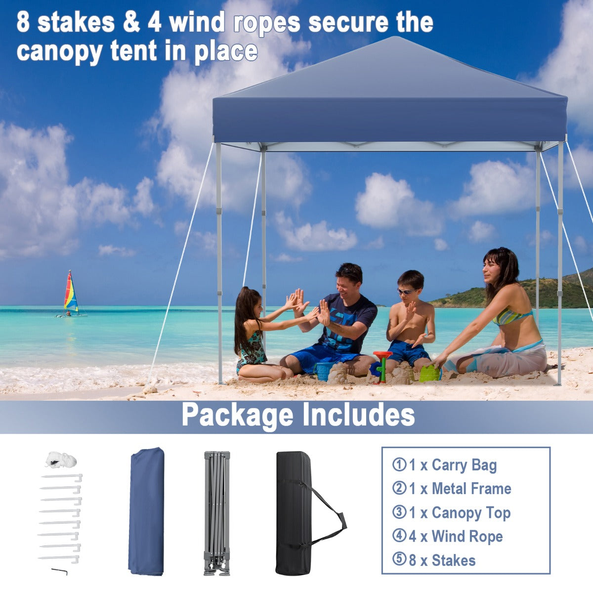 2 x 2m UPF 50+ Outdoor Pop-up Canopy with Adjustable Heights & Carry Bag-Blue