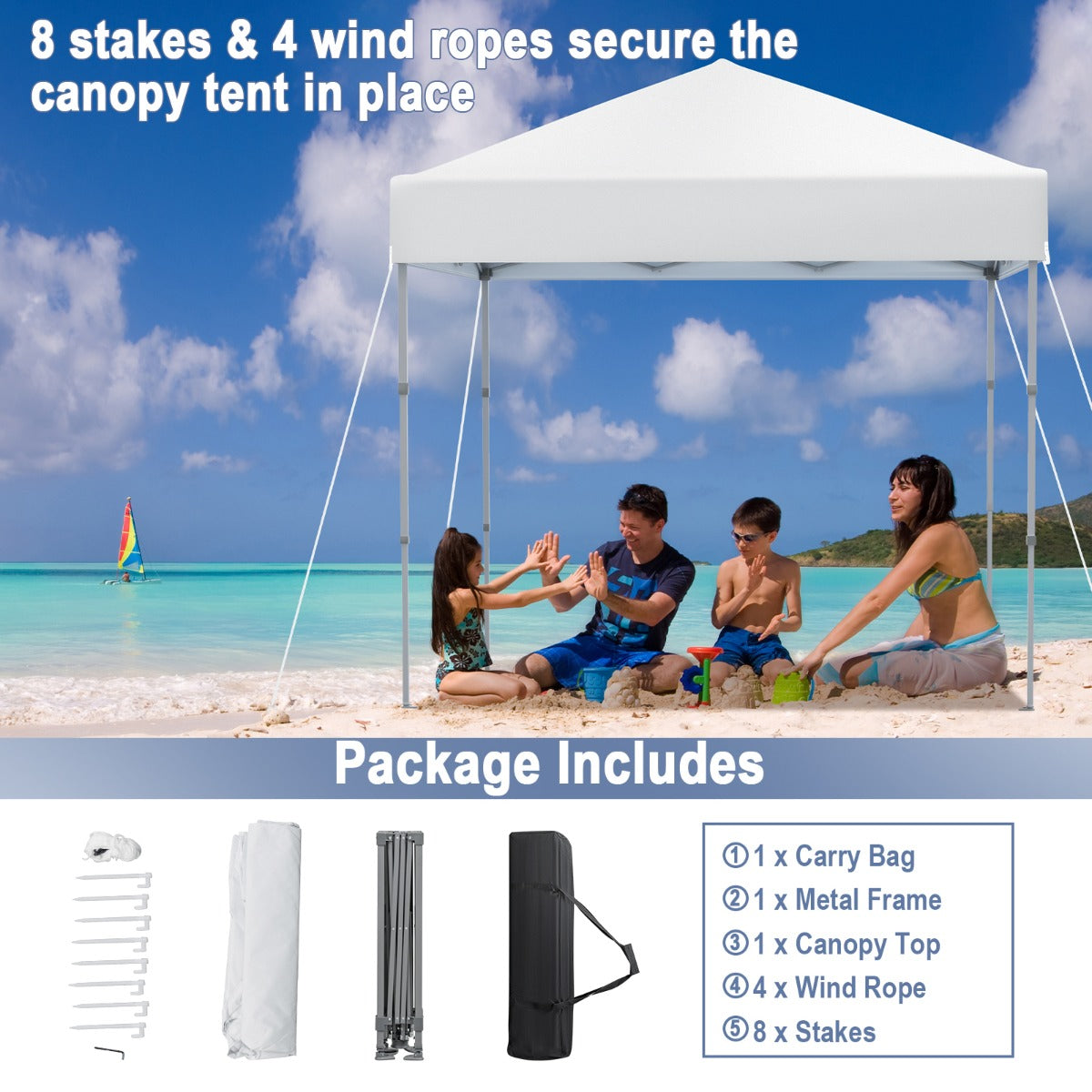 2 x 2m UPF 50+ Outdoor Pop-up Canopy with Adjustable Heights & Carry Bag-White
