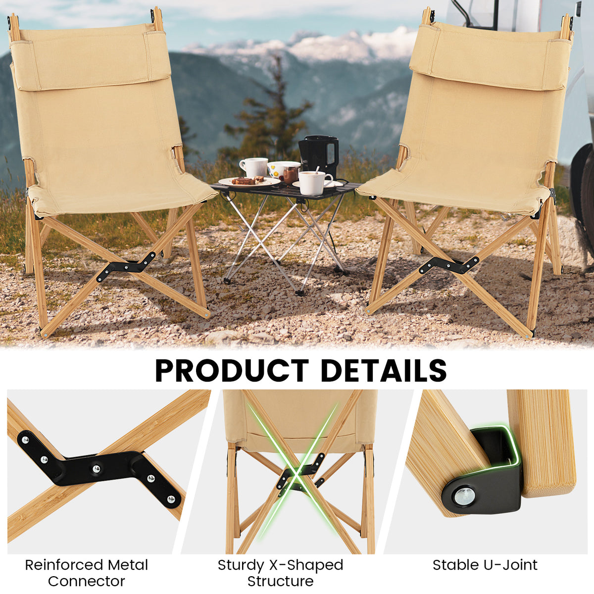 Costway Portable Folding Camping Chair, Bamboo Chair w/ 2-Level Adjustable Backrest, Carrying Bag Included, Outdoor Portable Ultralight Canvas Chair for Picnic, Beach, Patio-0-1 piece