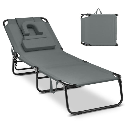 Costway Reclining Beach Chair with Detachable Pillows for Outdoor-Grey