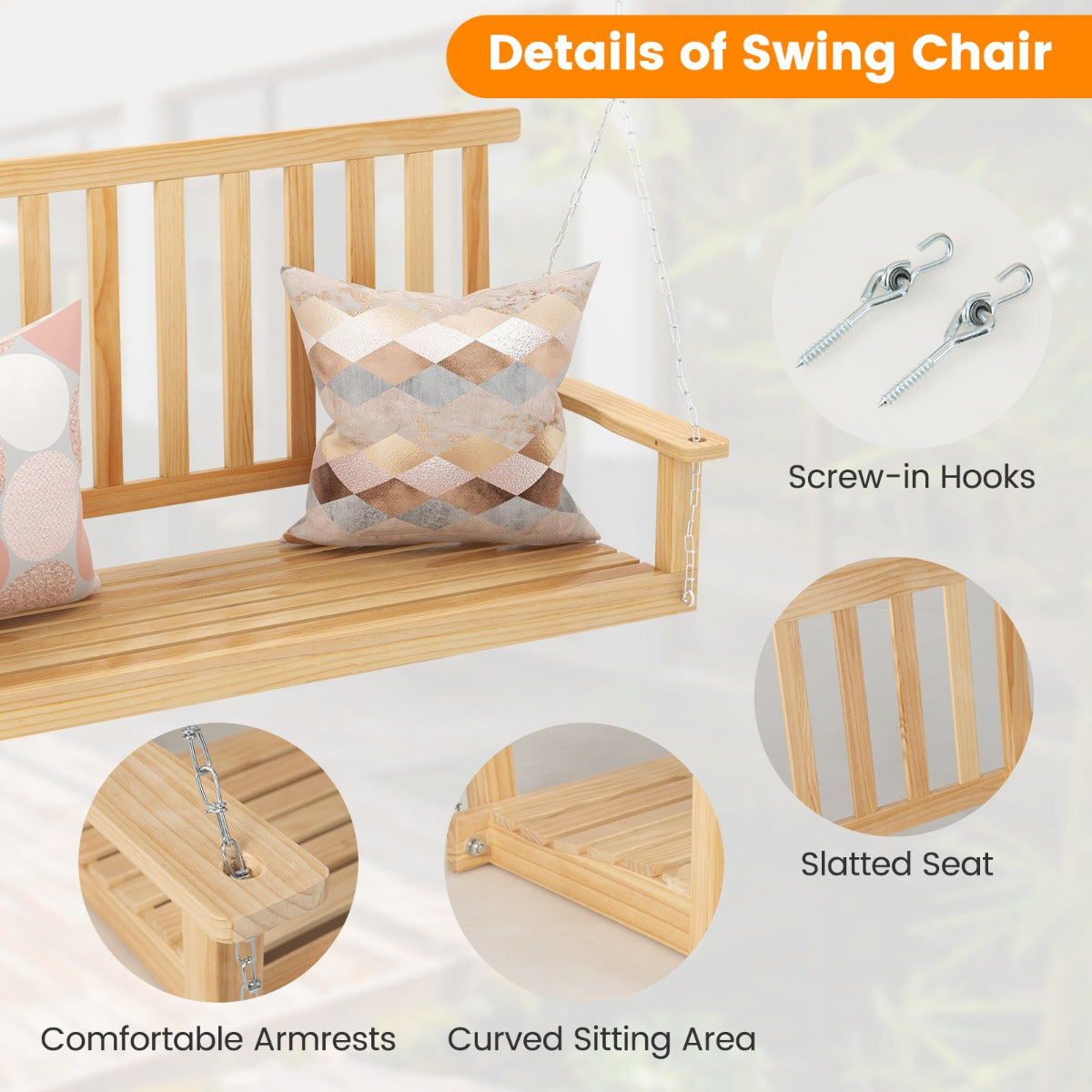 2-Seat Patio Swing Bench with 2 Sturdy Hanging Ropes for Backyard/Balcony-Natural