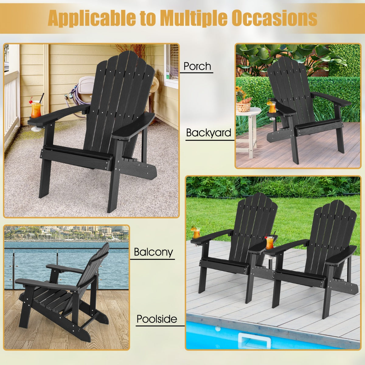 Adirondack Chair with Cup Holder for Patio-Black