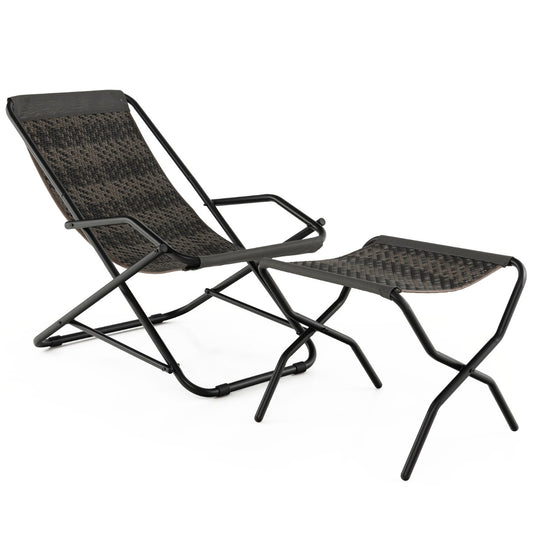 Outdoor PE Wicker Folding Sling Chair with Armrests and Metal Frame-with Footrest