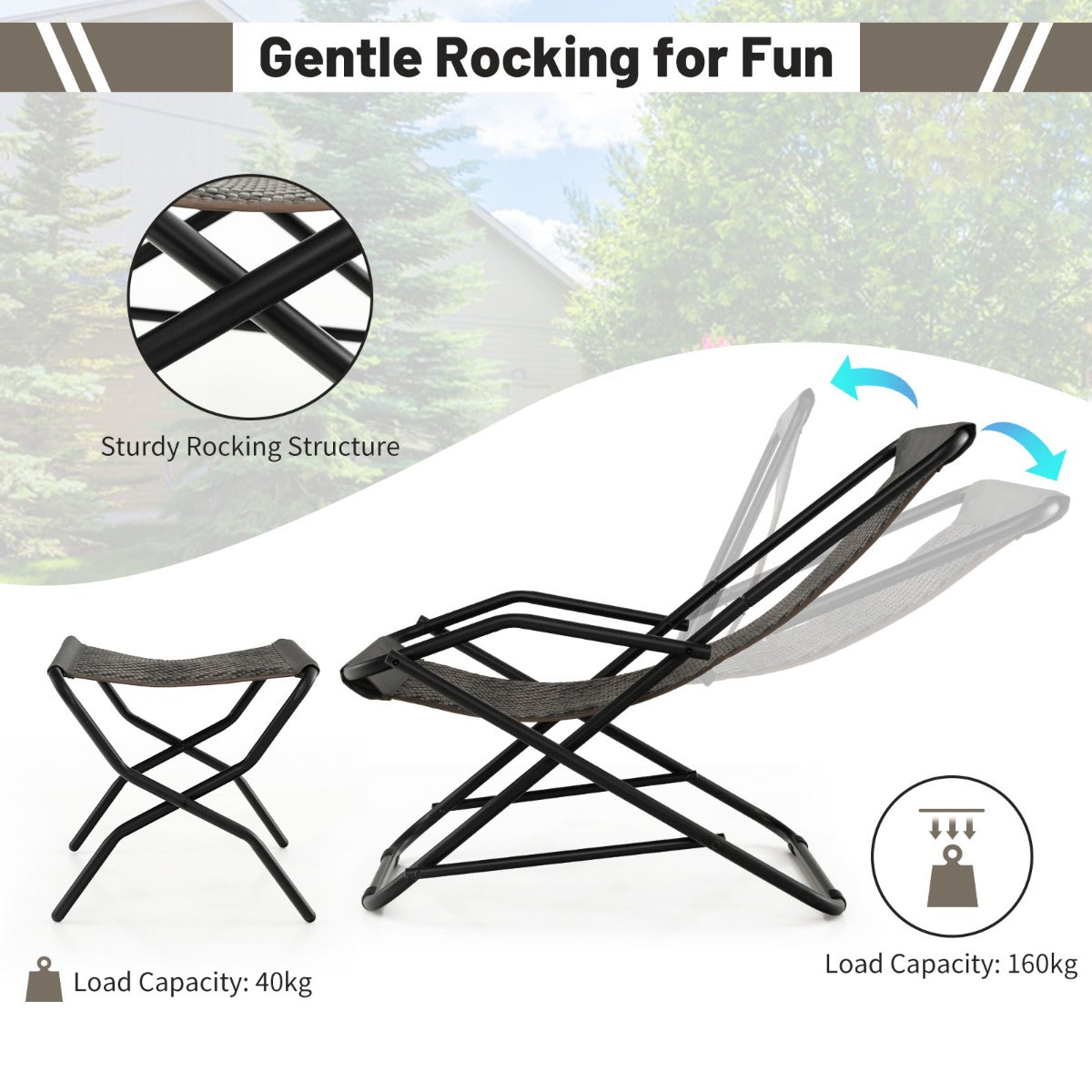 Outdoor PE Wicker Folding Sling Chair with Armrests and Metal Frame-with Footrest