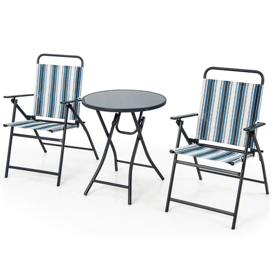 Portable outdoor bistro furniture includes two folding chairs and one convenient round folding table