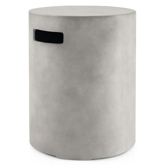 Outdoor propane hideaway table fits a standard 20-pound gas tank while protecting it from children and pets