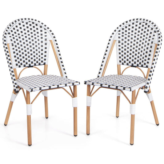Set of two white and black rattan dining chairs with durable wood grain galvanized frames