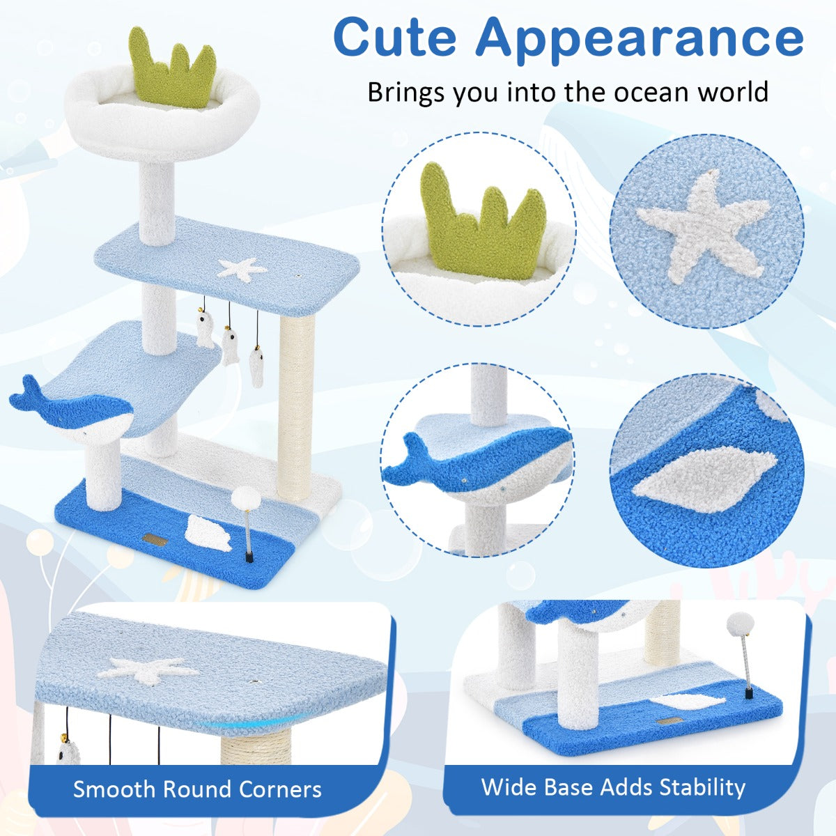 Compact ocean-inspired cat tower adds playful style while supporting cats' natural instincts