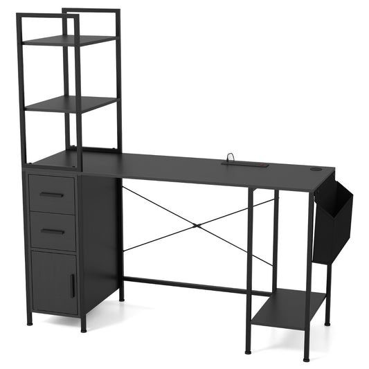 Office Desk with LED Lights and Power Outlets for Home Office-Black
