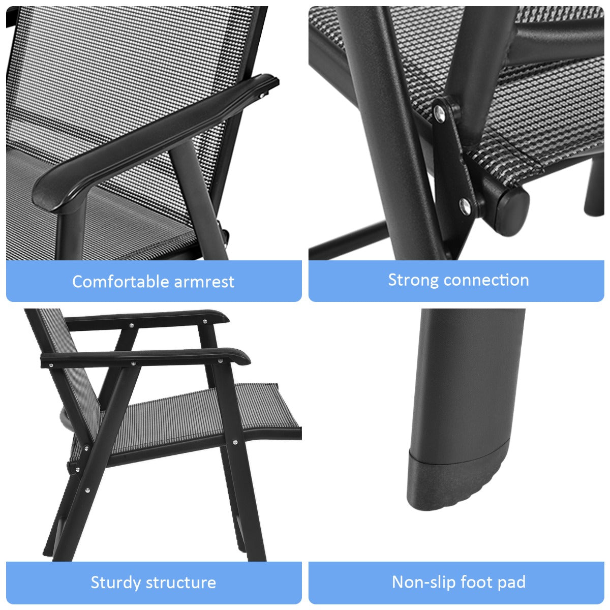 Gray folding dining chairs require no assembly and are easy to clean after outdoor use