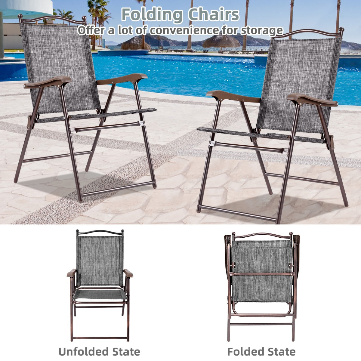 Portable two-chair set offers comfortable seating for family gatherings, leisure time, and outdoor dining