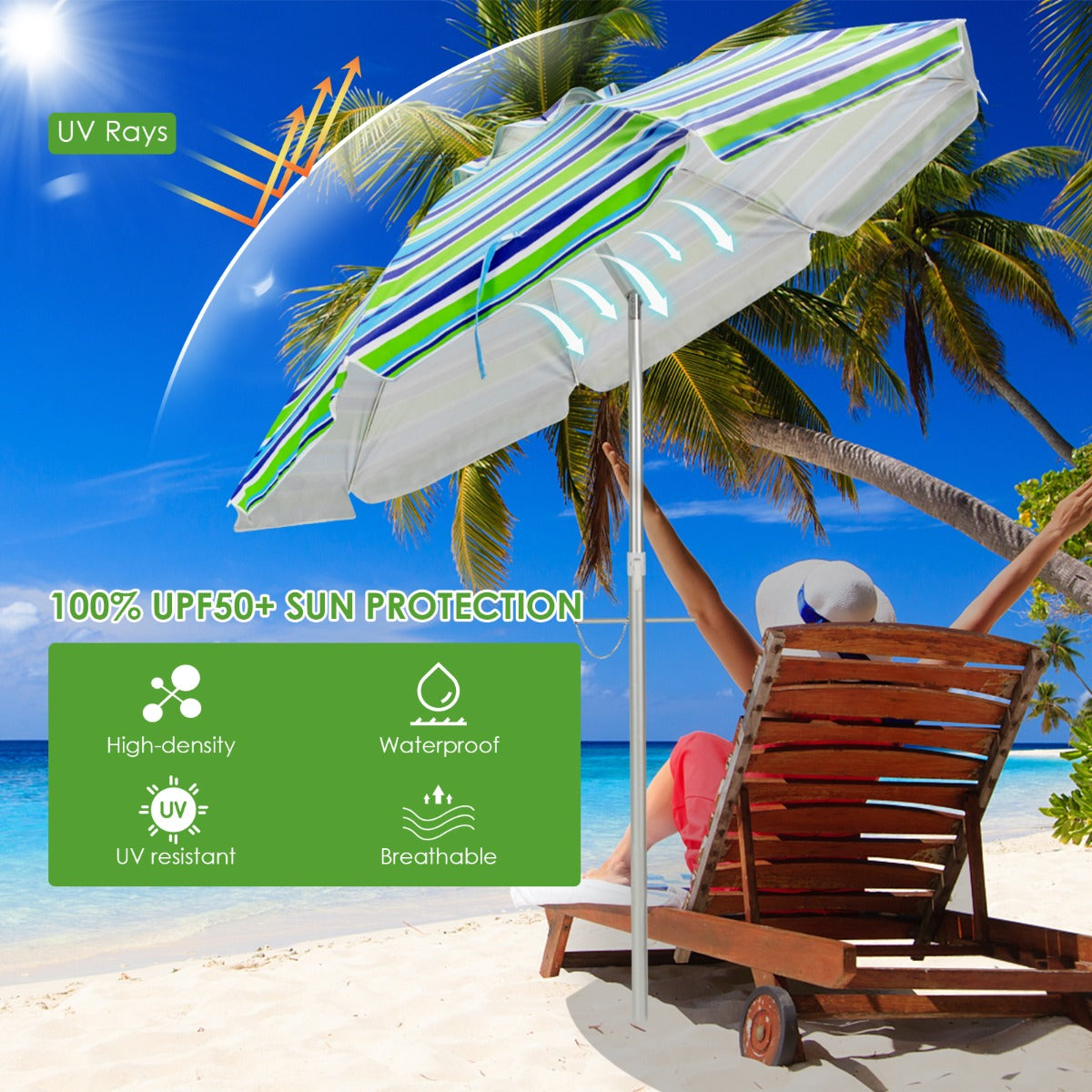 198cm Beach Umbrella with Sand Anchor UPF50+ and Carry Bag-Green